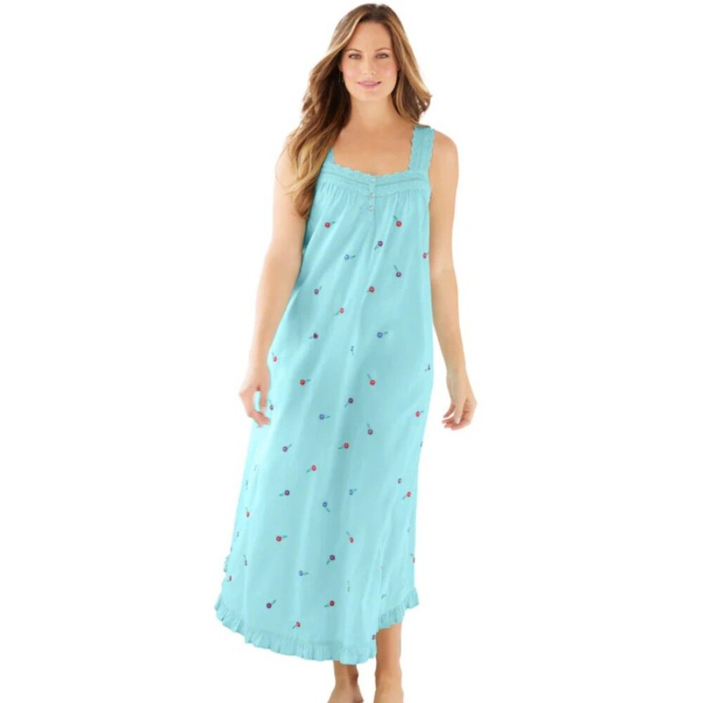 NEW Embroidered Blue Plus Sz 2X Sleeveless Roomy Lounge Night Gown DREAMS & CO